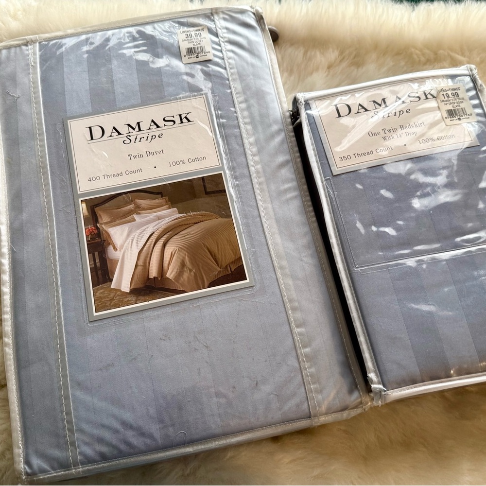 Damask Stripe Twin Duvet Cover Set - Elegant Blue